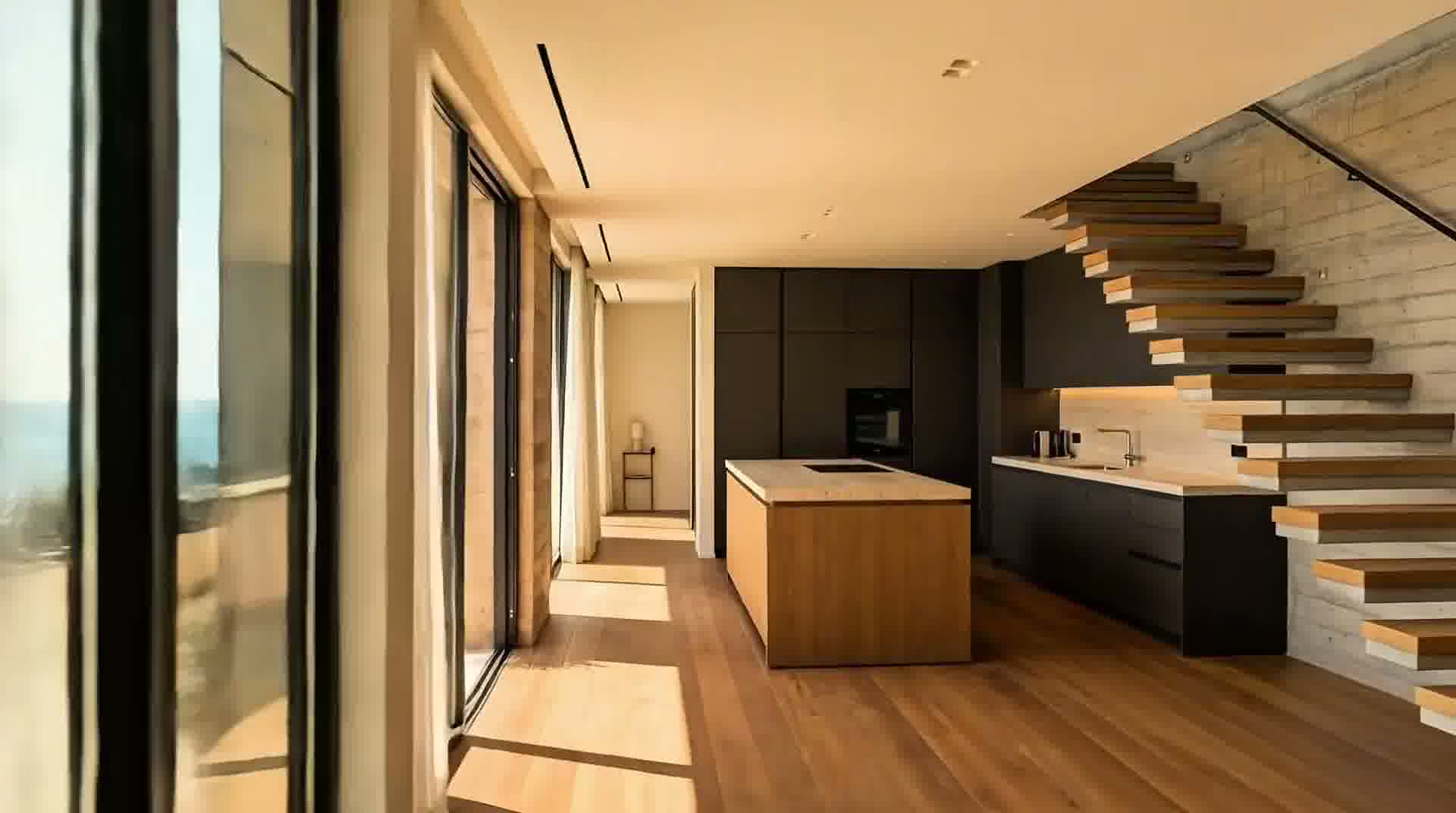 Modern luxury kitchen with sculptural marble island and oak cabinetry
