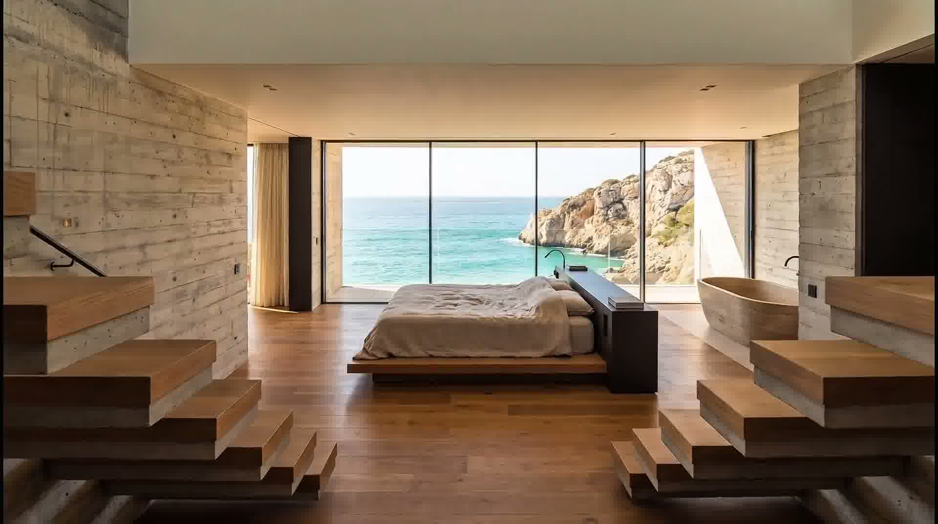 Tranquil master bedroom suite with oak wall panels and private terrace