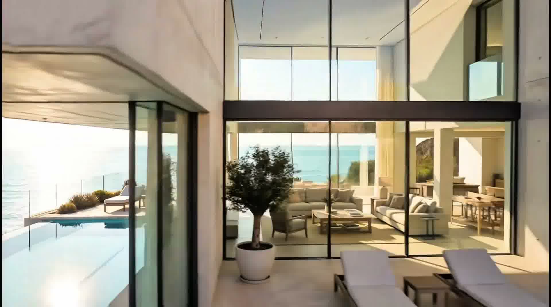 Architectural detail of honed natural travertine overhang, warm oak ceilings and floor-to-ceiling glass