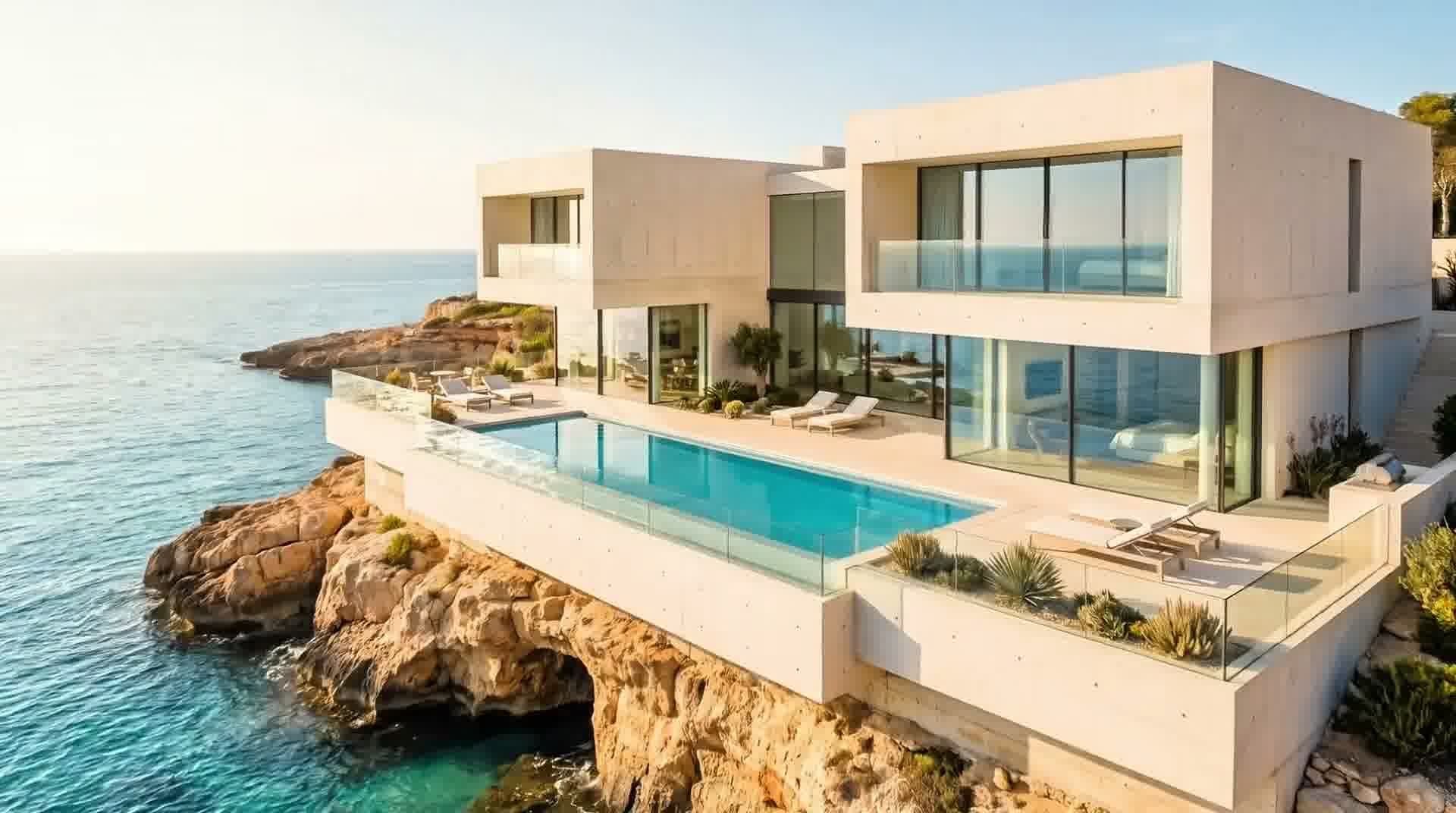 Aurelia contemporary luxury villa illuminated at dusk with infinity pool reflection