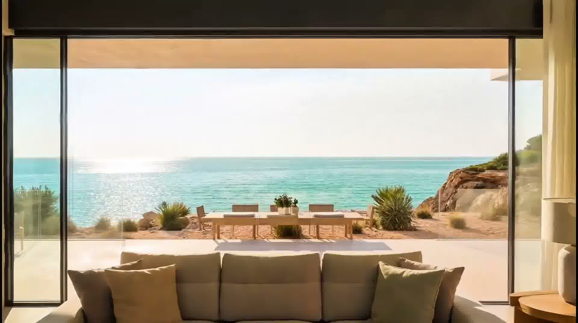 Double-height luxury living room with plush modular sofa, limestone floors and floor-to-ceiling sliding glass doors