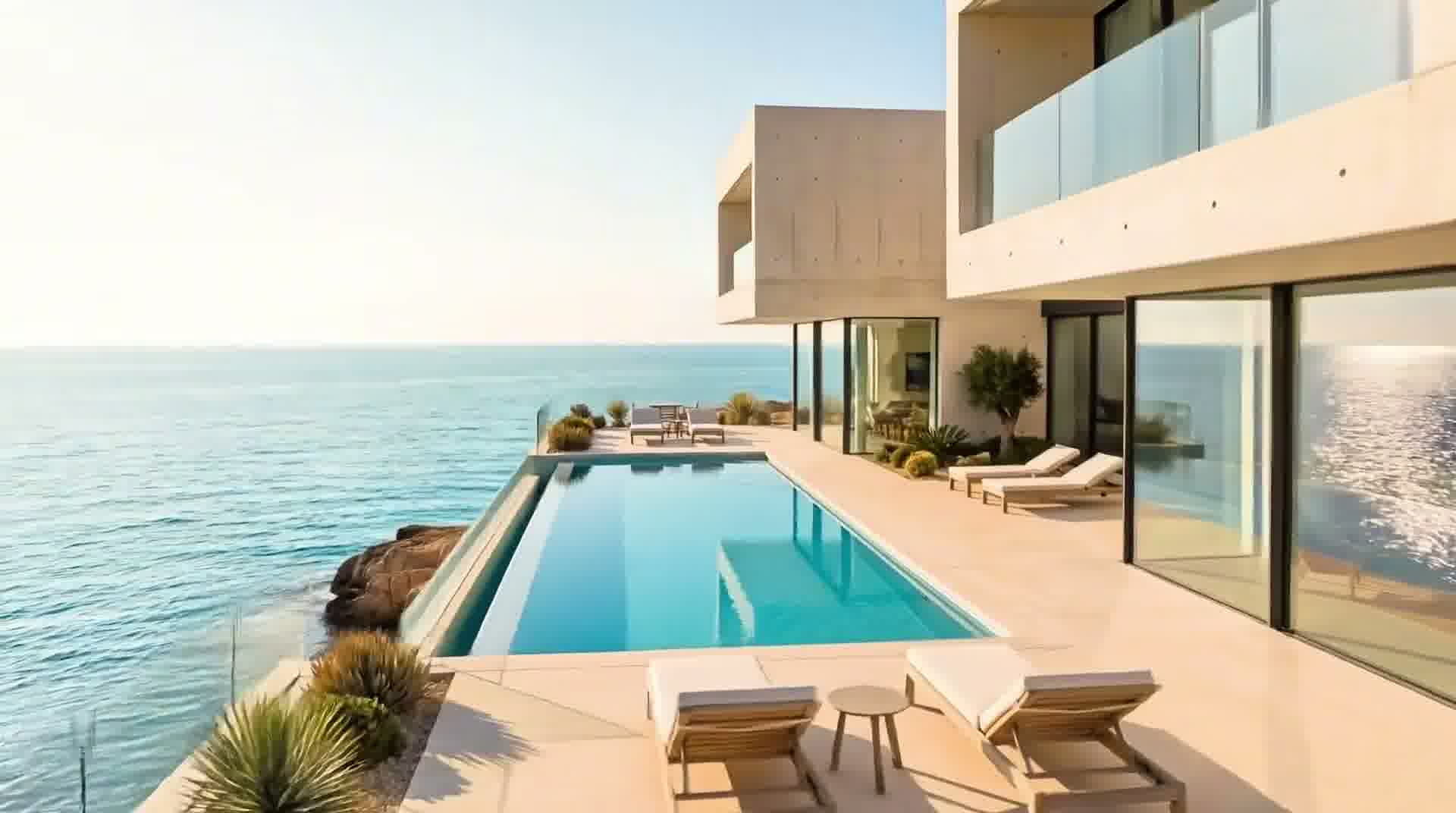 Zero-edge infinity pool and travertine sun terrace overlooking Mediterranean rolling hills at golden hour